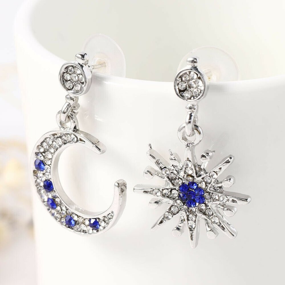 Silver Drop Blue Sapphire Moon Star Earrings - Picture 6 of 9